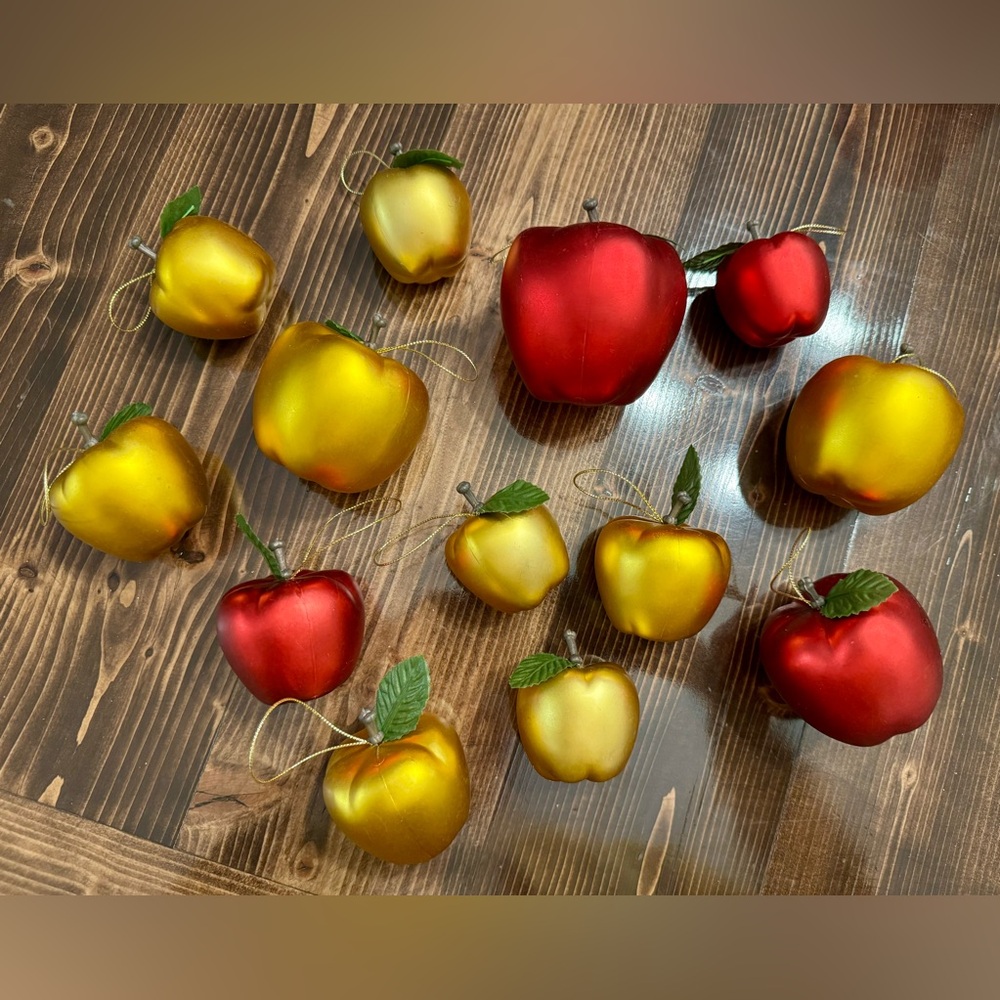 Vintage Red & Gold Plastic Apple Ornaments Set of 13